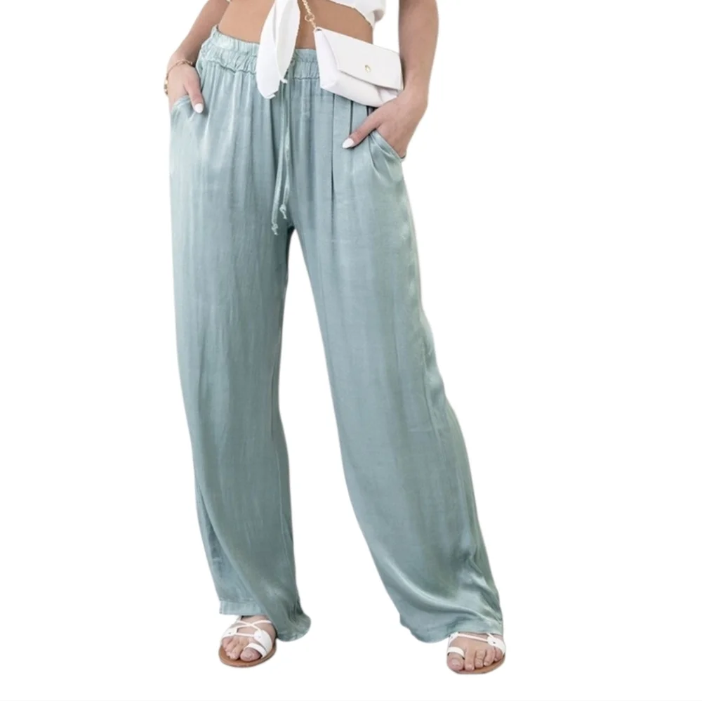 Alexis Sky Blue Satin Micro Pleated Wide Leg Pants Women's Small